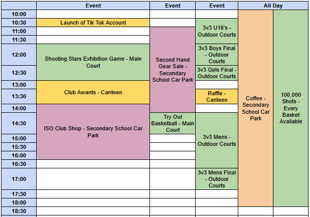 Open Day timetable, 10am to 6pm: TikTok launch 10:30; Shooting Stars exhibition 12:00 (main court); 3v3 U16s from 12:00 and finals 12:30 (outdoor courts); second-hand gear sale midday (car park); club awards 13:00 and raffle 13:30 (canteen); ISO club shop 14:00–16:30 (car park); come try basketball 14:30 (main court); 3v3 men's 14:30 and final 17:00 (outdoor courts); coffee and the 100,000-shot challenge running all day.